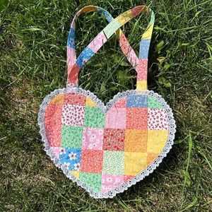 Handmade Quilted Patchwork Floral Lace Heart Tote Bag